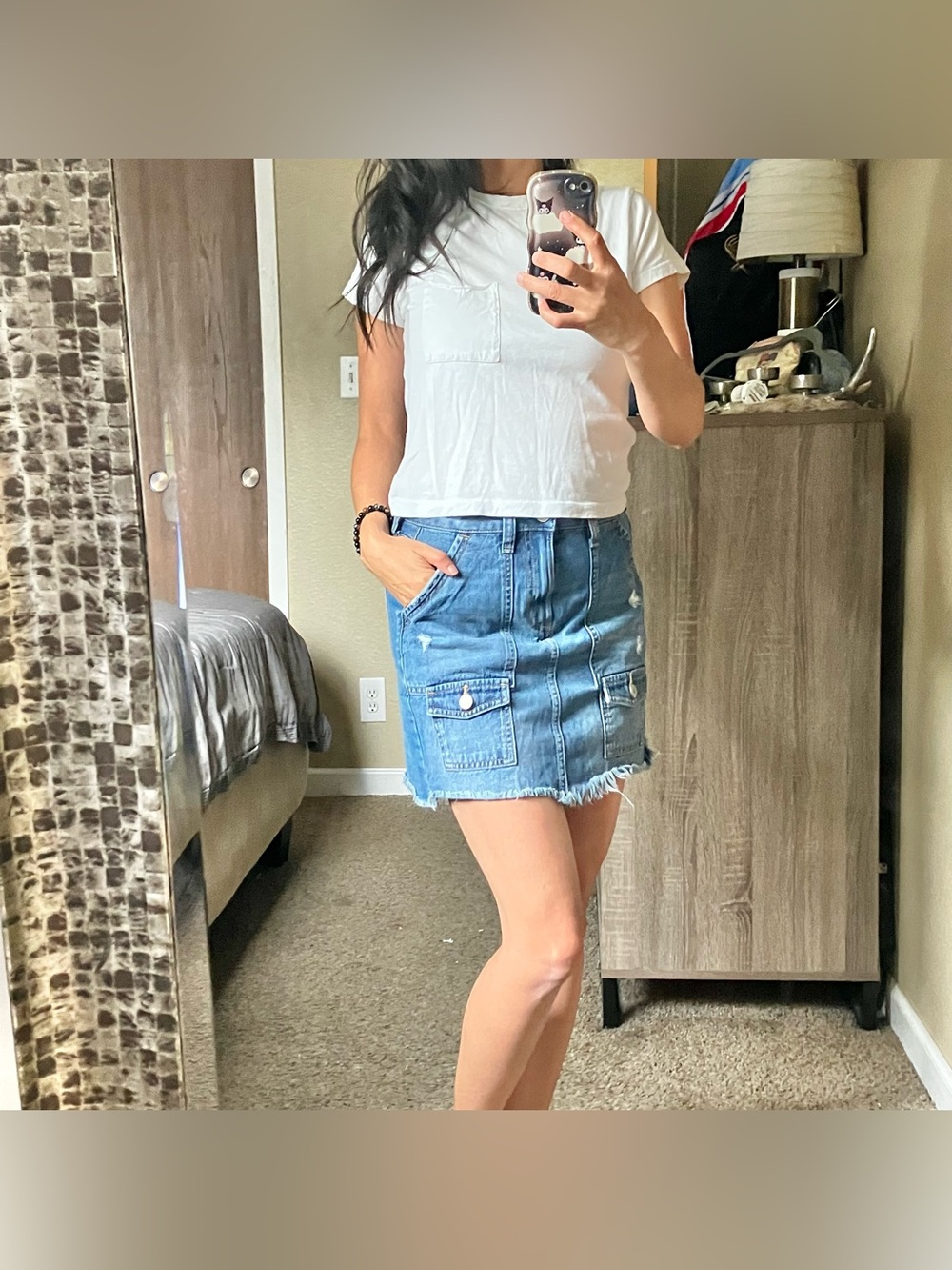 SO distressed jean skirt